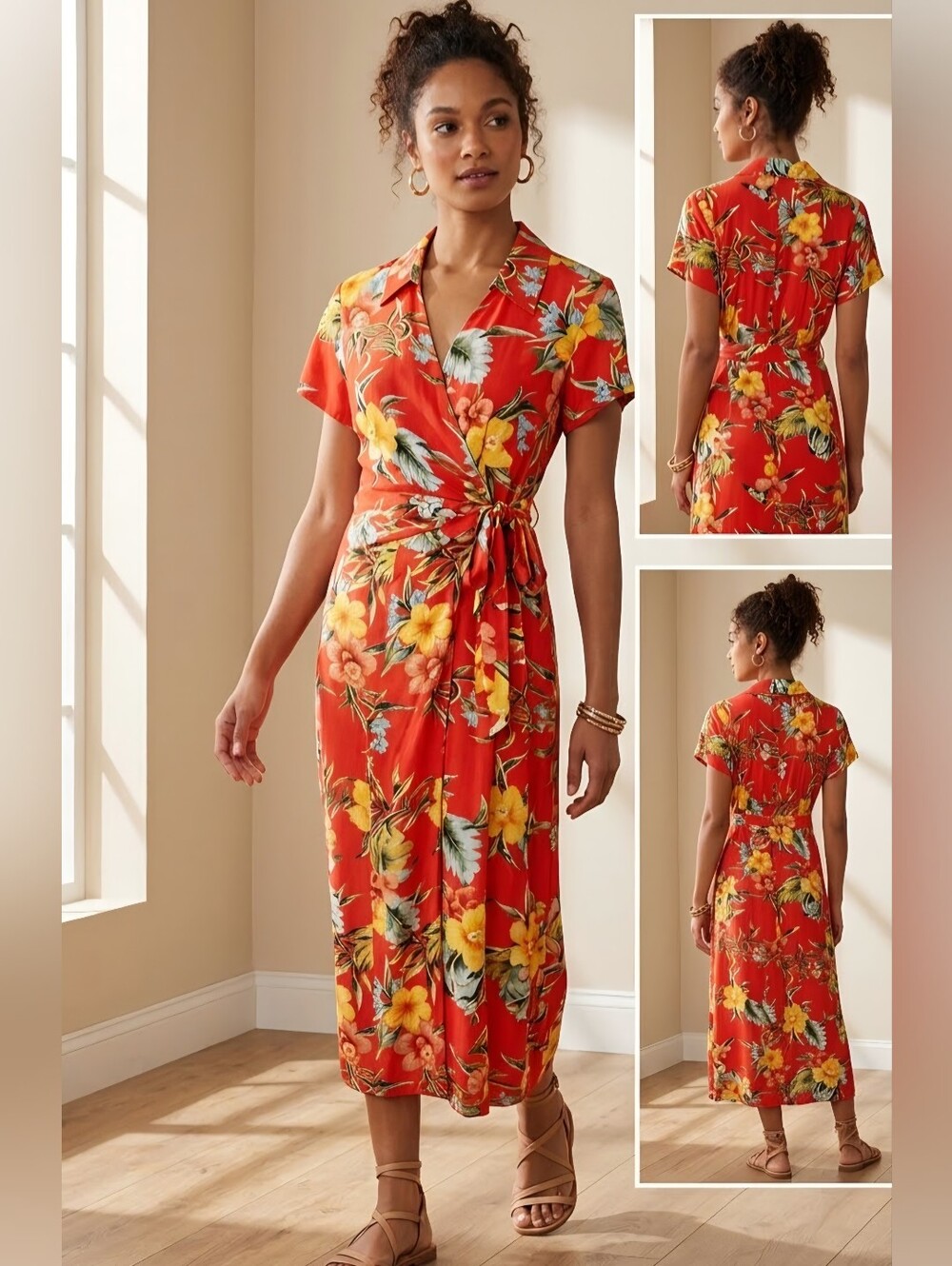 Caribbean Joe Tropical Floral Rayon Faux Wrap Maxi Dress Red Petite Medium PM